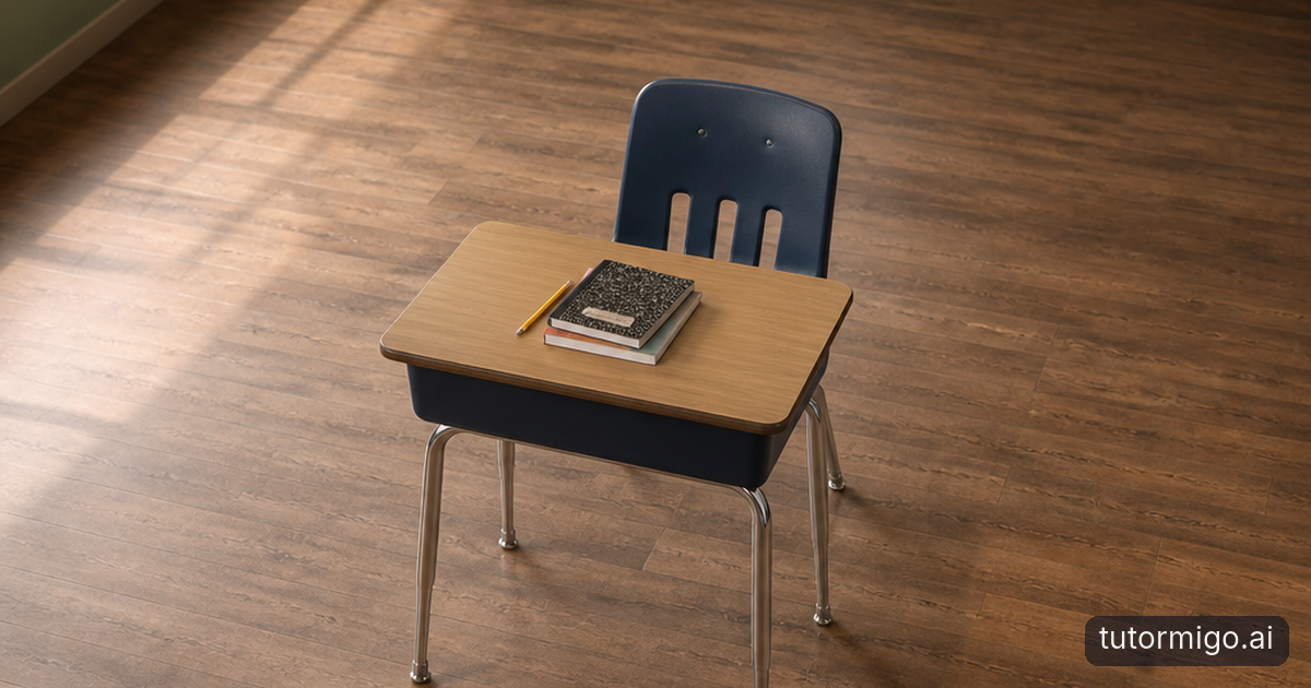 A teacher reviews practice work with two students at a classroom table and organizes papers for follow-up instruction.