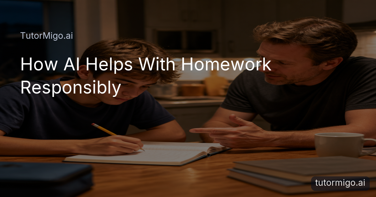 A student works through homework in a notebook while a parent offers supportive guidance nearby.