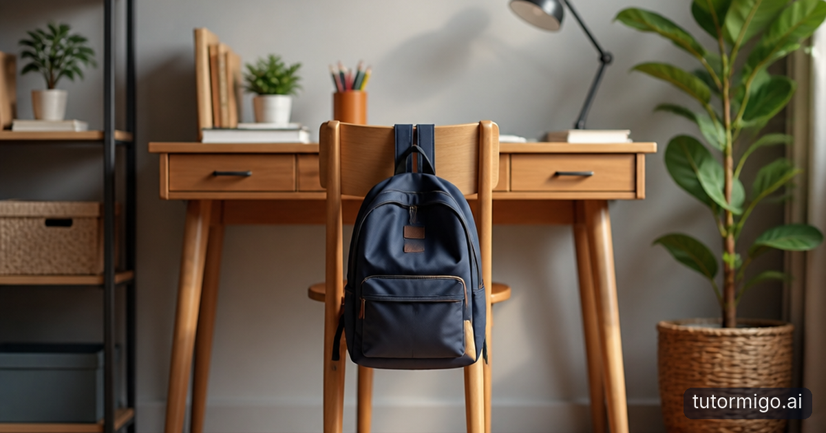 A parent listens as their child explains notebook work at a tidy kitchen table in warm afternoon light.