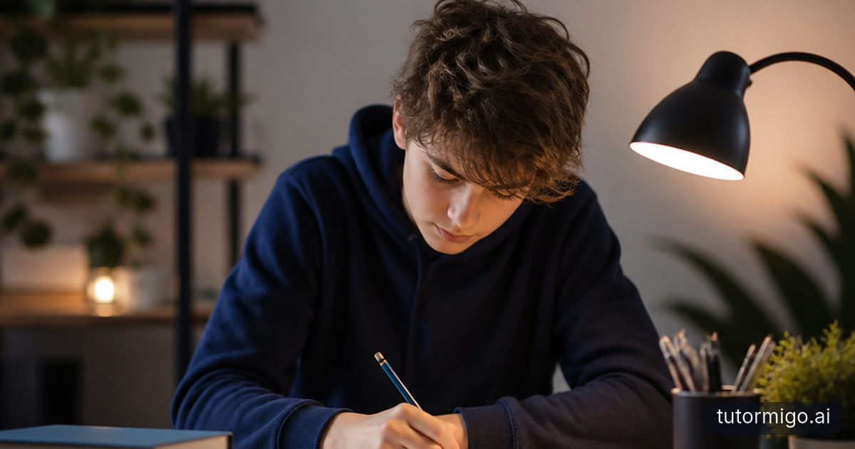 A teenager works on a single homework sheet at a calm kitchen table while a parent sits nearby.