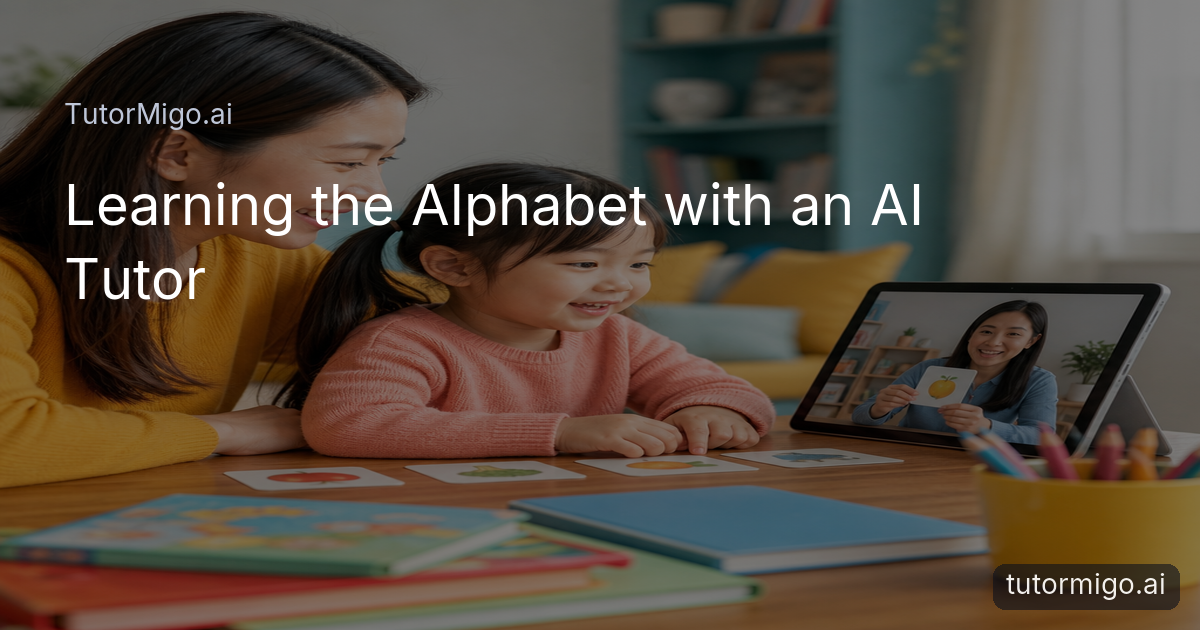 A young child and parent practice alphabet sounds and picture vocabulary together during a bright, guided learning session.